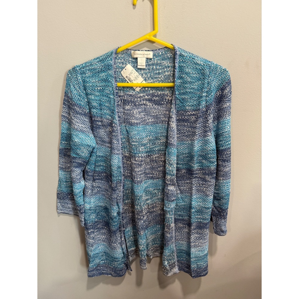 Christopher & Banks Womens Large Blue Space Dye Open Front Knit Cardigan New USA
